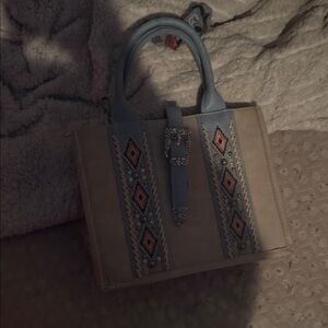 Montana West Beige and Blue Embellished Satchel